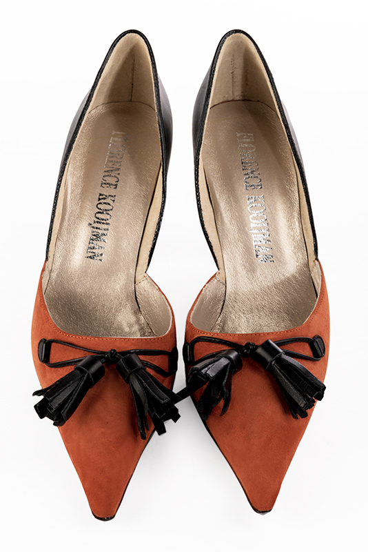 Terracotta orange and satin black women's open arch dress pumps. Pointed toe. Very high slim heel. Top view - Florence KOOIJMAN